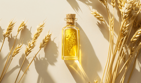 金色桌上小麦食用油瓶的顶视图