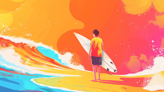 创意拿着冲浪板的男孩夏天夏季游泳插画22