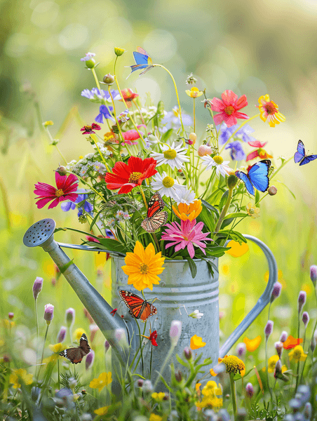 创意春天美丽文艺喷壶里五颜六色的野花花束有蝴蝶