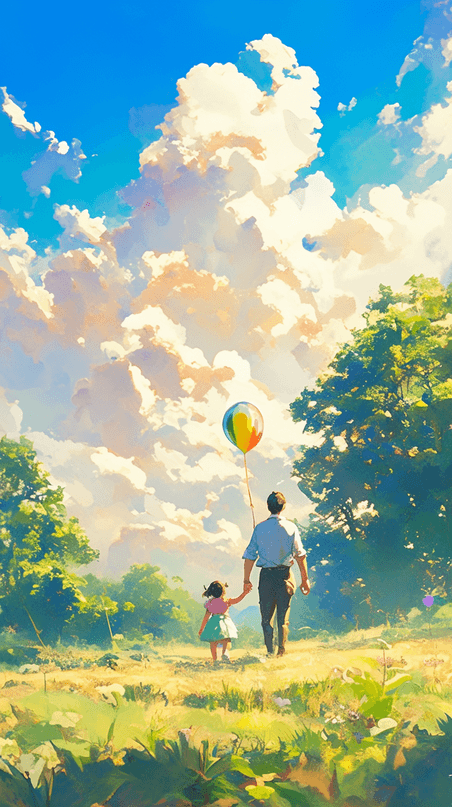 创意清新快乐父亲节牵着气球的快乐父子背影背景图