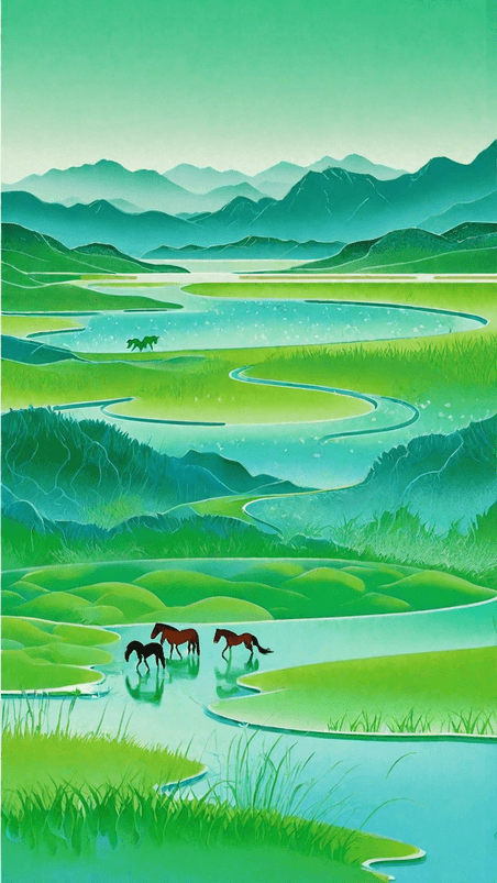 创意阿勒泰旅游夏天牧场牧马风景草原马匹自然新疆插画