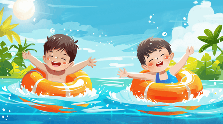 夏天夏季游泳母婴创意海边游泳的儿童插画5