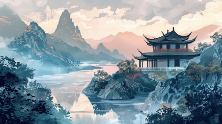 创意山林湖泊边的中国古建筑水墨国潮中国风插画