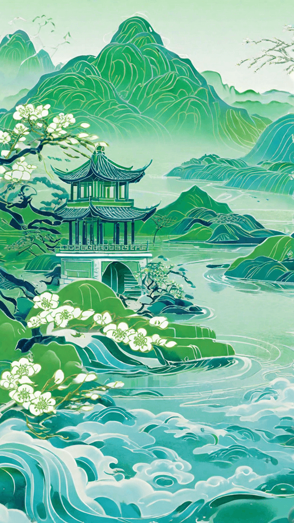 创意国潮中国风国风青山绿水亭台楼阁园林插画