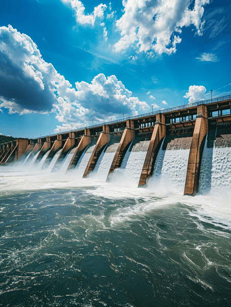 创意大型水库坝墙放水与美丽的天空新能源