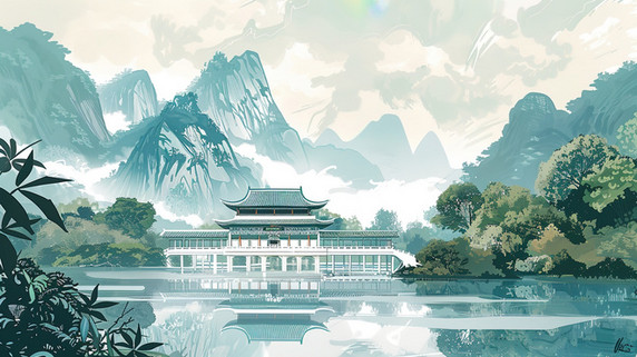 水墨国潮中国风创意唯美山林湖泊旁的中国古建筑插画