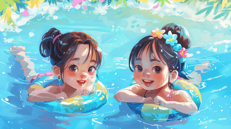 创意泳池中游泳的儿童夏天夏季游泳插画10