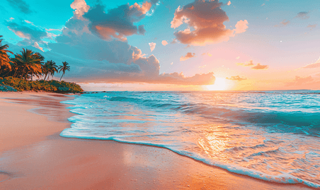 创意热带海滩上色彩斑斓的落日