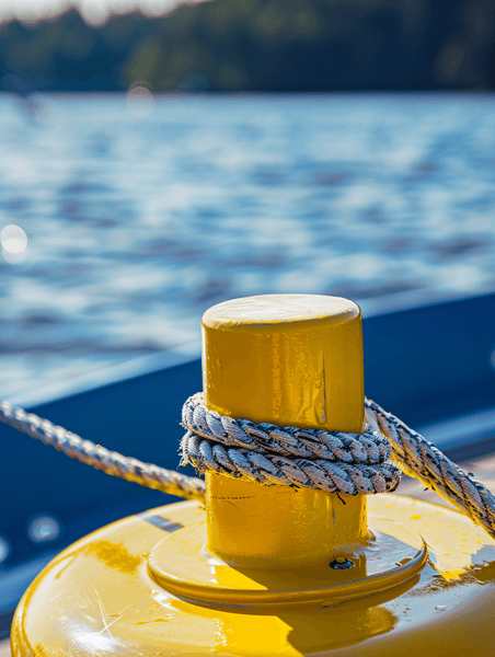 创意在一艘小船的甲板上的黄色系柱有绳索的大海