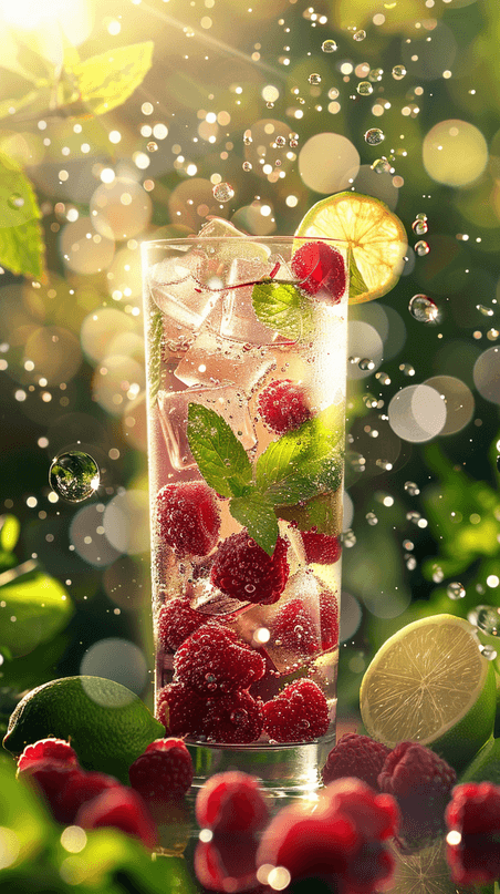 夏天清凉创意夏日冷饮一杯冰块树莓薄荷柠檬茶背景图