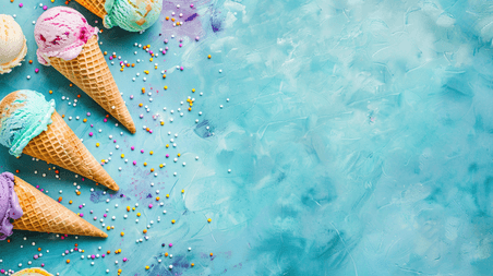 创意糖果色夏天清新冷饮圣代冰淇淋蓝色蛋筒背景素材