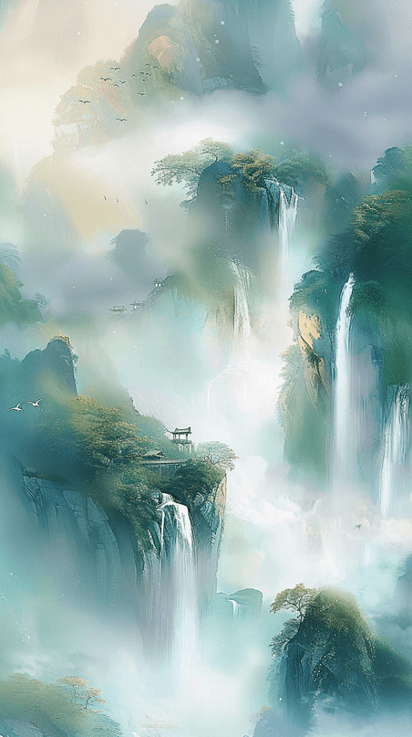 创意大气国风青色山水国潮中国风云雾缭绕群山插画