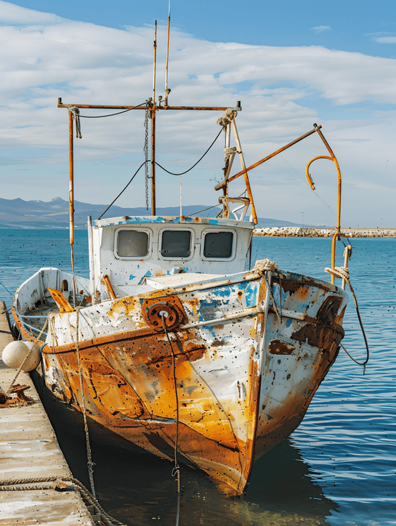 创意老生锈的渔船停泊在码头大海旅游旅行度假风景
