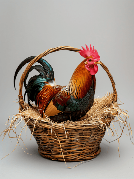 创意母鸡公鸡坐在柳条篮里里面装着干草