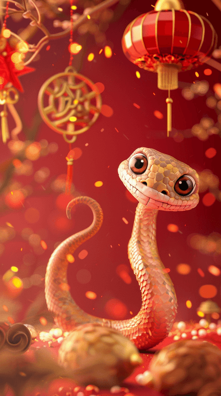 创意国风红色喜庆传统新年3D蛇年背景