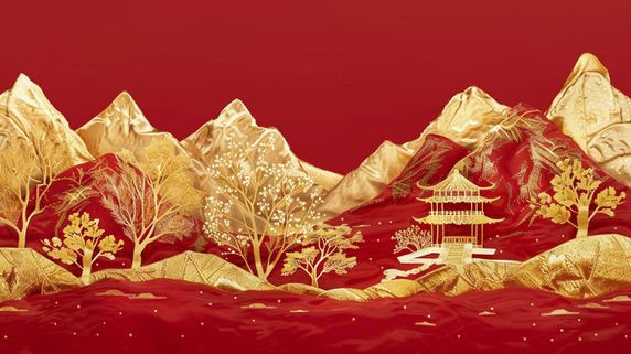 国潮红金创意红色场景金色壁画山景树木的背景图