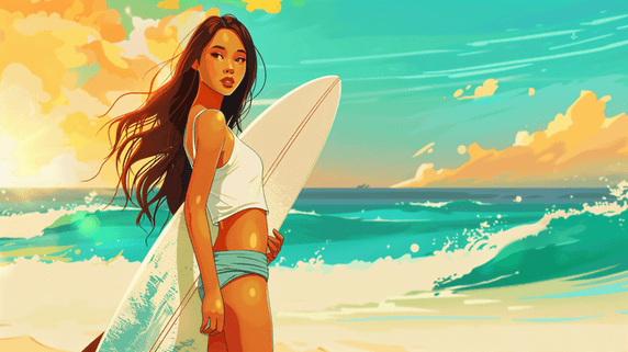创意夏天夏季游泳拿着冲浪板的女性插画27