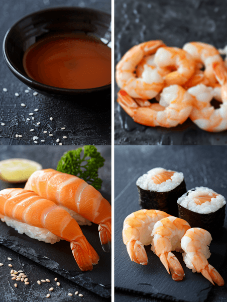 创意海鲜寿司三文鱼和虾的拼贴照片