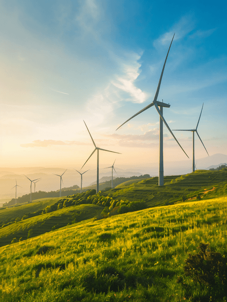 创意风车涡轮机在绿色的田野风能概念新能源
