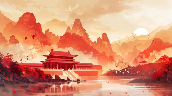 红色水墨国潮山林湖泊旁的中国古建筑唯美插画