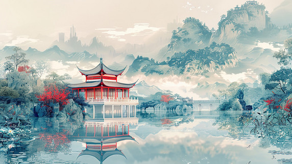 创意山林手绘湖泊边的水墨国潮中国风中国古建筑插画