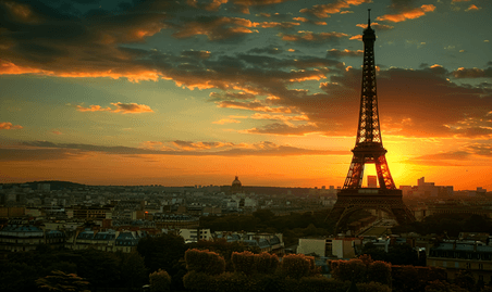 创意巴黎天际线与埃菲尔铁塔在黄昏