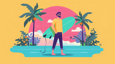 创意拿着冲浪板的夏天夏季游泳男性插画3