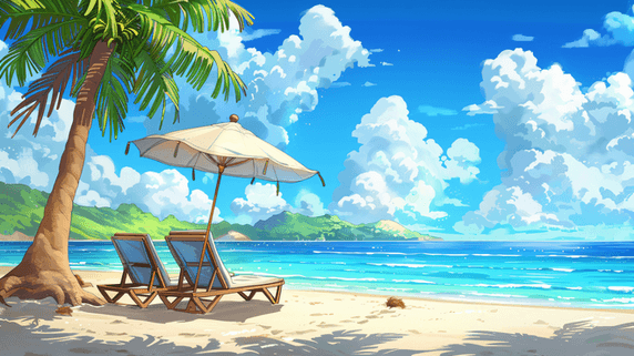 创意海边夏天夏季沙滩遮阳伞躺椅26