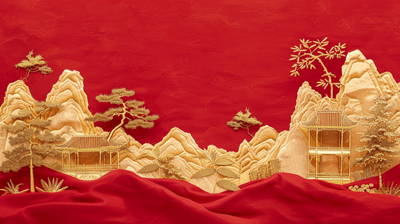 红金国潮红色场景金色壁画山景树木的背景图