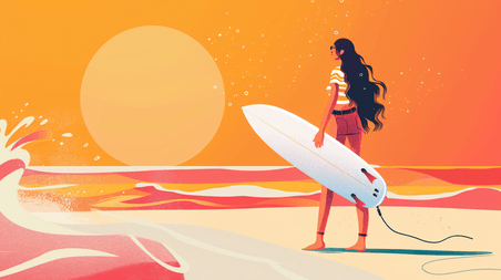 创意夏天夏季游泳拿着冲浪板的女性插画13