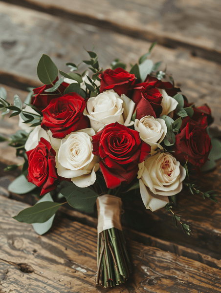 创意木地板上摆放着红色和奶油色玫瑰的婚礼花束订婚