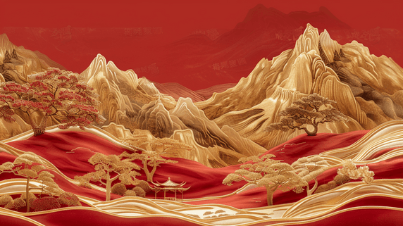 国潮红金创意红色场景金色壁画山景树木的背景图