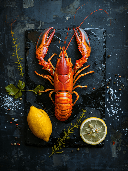 创意煮河龙虾配柠檬和狄龙石板和深色背景