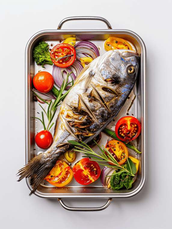 创意白色背景下在金属烤盘的蔬菜垫上烹制的多拉多鱼