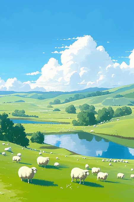 创意草原羊群湖泊手绘夏天插画