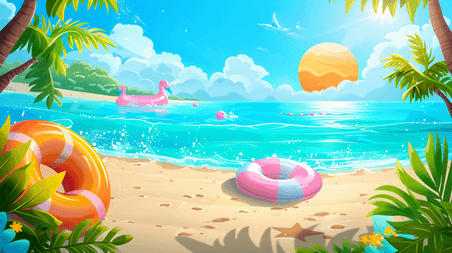 创意夏季卡通海边度假夏天大海沙滩旅游度假