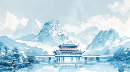 创意水墨国潮中国风山林湖泊边的中式古建筑插画