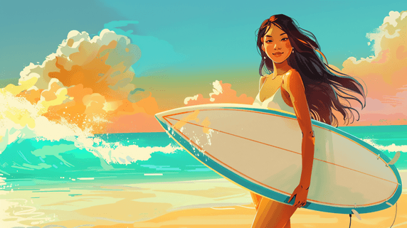 夏天夏季运动创意拿着冲浪板的女性插画26