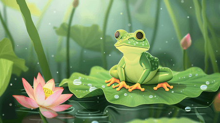 创意荷叶上的青蛙夏天夏季荷塘荷花插画14