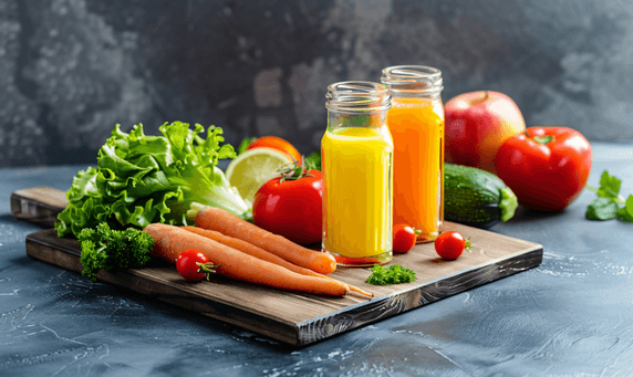 创意厨房板上的新鲜蔬菜和果汁生鲜果蔬汁