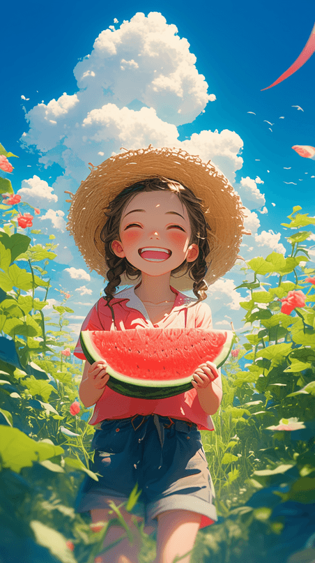 夏季水果卡通儿童快乐童年夏天小清新吃西瓜手绘插画