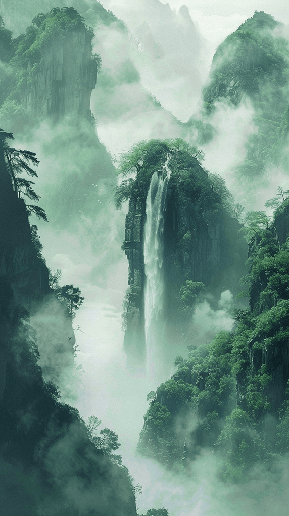 创意大气国潮中国风青色山水云雾缭绕群山插画