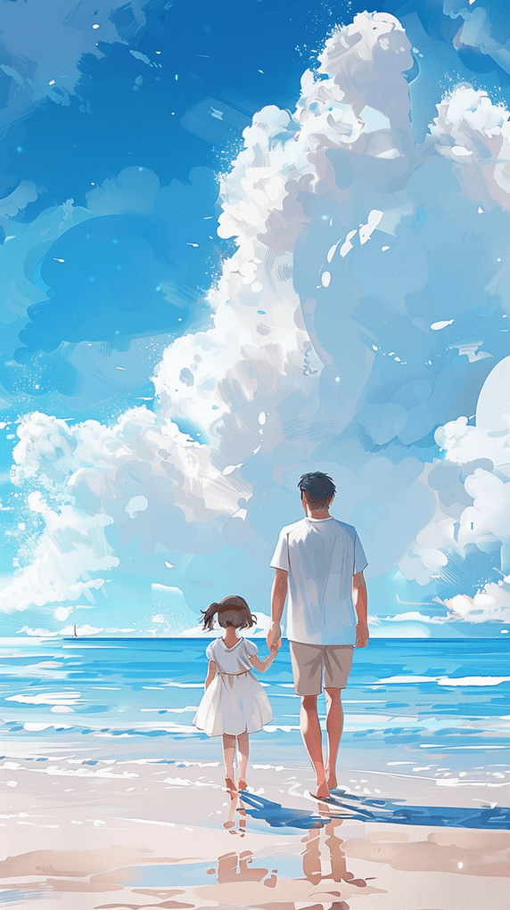 创意水彩风快乐父亲节在海边散步海洋大海沙滩父女背影设计