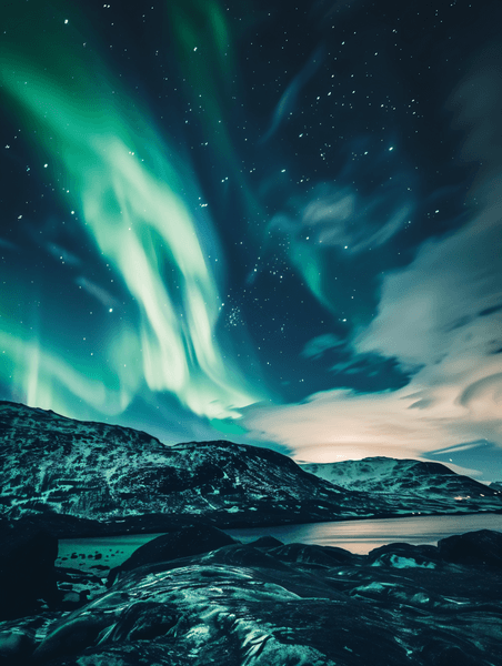 天空绿色北极光在星空和云朵间闪耀格陵兰努克摄影照片
