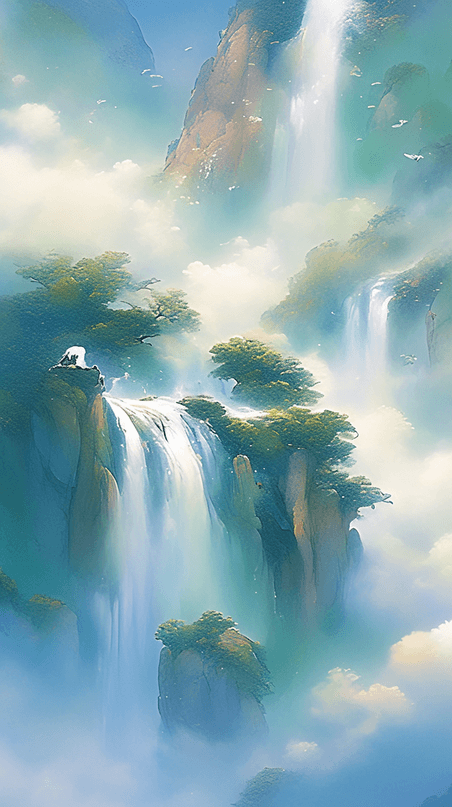 创意大气国风青色山水云雾缭绕群山国潮中国风插画