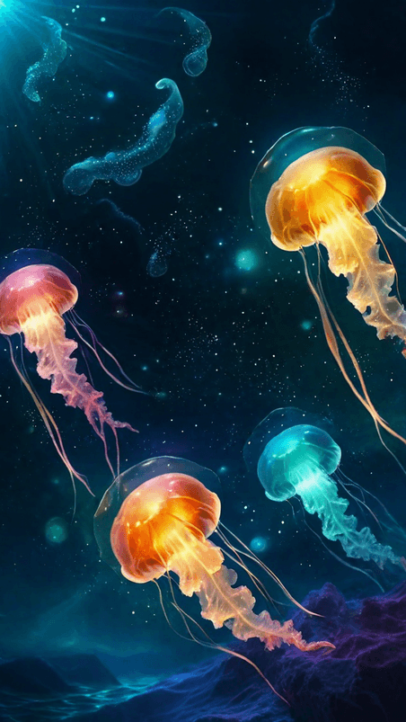 创意海底世界炫彩透明发光的水母背景3