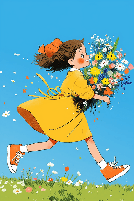 创意可爱女孩奔跑手绘插画海报鲜花