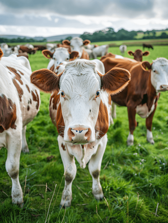创意牧场中的棕色和白色奶牛和公牛动物畜牧业
