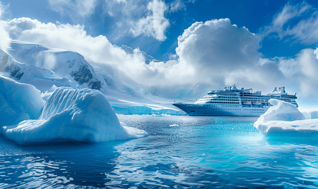 创意南极洲查科港布斯岛蓝色冰山间的降雪和游轮旅游旅行度假风景