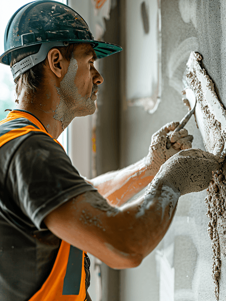 创意建筑商使用镘刀添加灰泥抹灰墙与推杆工程建设